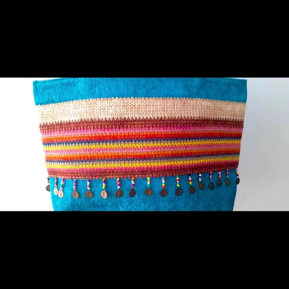 New embroidery & beads tote shoulder handbag linen - Picture 5 of 6